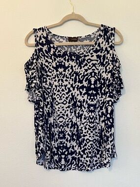 crosby. Navy and White Cold-Shoulder Ruffle Blouse